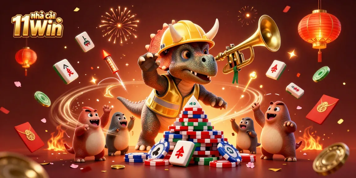 Celebrate gaming excitement with Nhà cái 11Win, featuring a triceratops building poker chip pyramids.