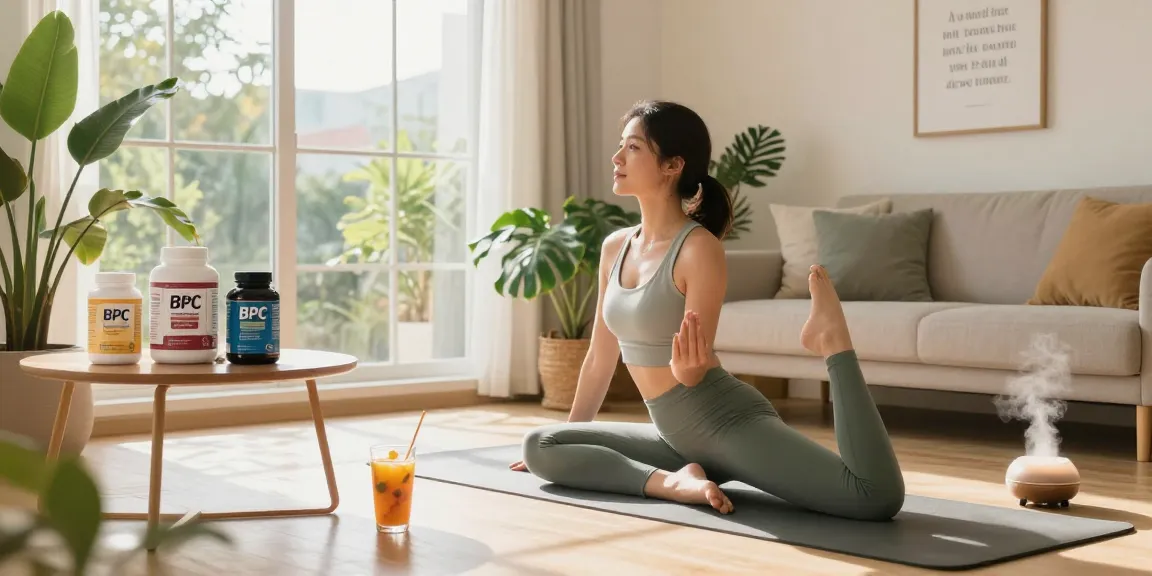 BPC peptide products on display in a bright wellness space with yoga practice