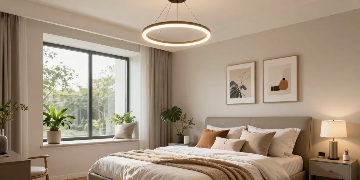 Candelabru dormitor modern cu lumini calde în încăpere elegantă