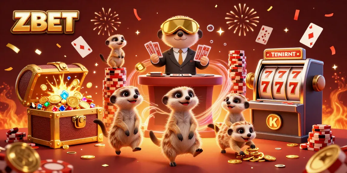 ZBET meerkats celebrate casino victories with vibrant games and rich treasures.