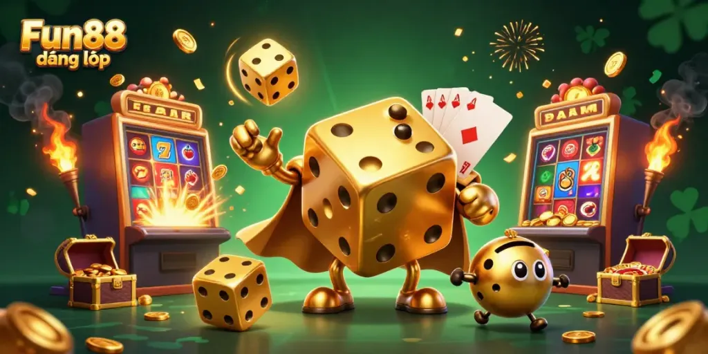 Experience Fun88 đăng nhập with vibrant casino action featuring golden dice and jackpot excitement.