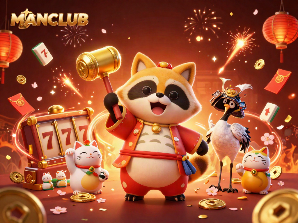 MANCLUB cartoon illustration featuring a cheerful tanuki and gambling elements celebrating a jackpot.