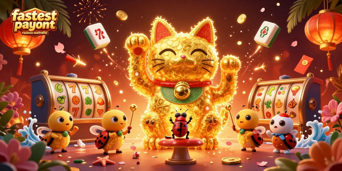 Experience the excitement of fastest payout casinos Australia through a vibrant lucky cat and gaming symbols.