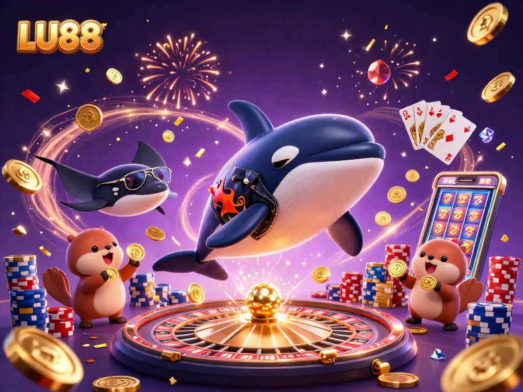 LU88 showcases thrilling gaming moments with exciting characters celebrating victories amidst casino elements.