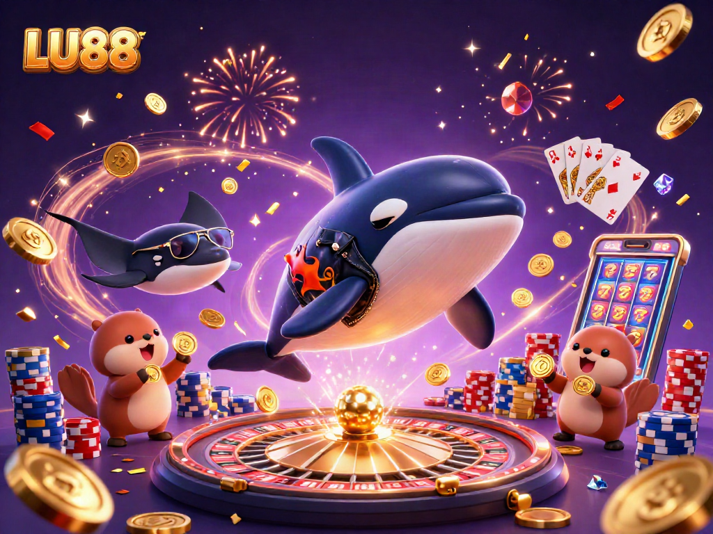 LU88 showcases thrilling gaming moments with exciting characters celebrating victories amidst casino elements.