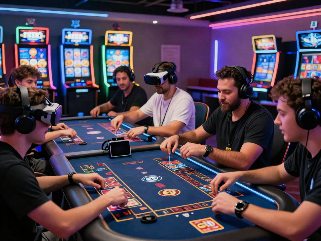 Engaging players at Streek Crypto Casino Canada enjoying vibrant gaming experience with dynamic tables and high-tech gadgets.