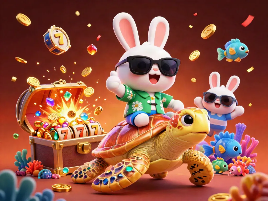 GEMWIN's lucky rabbit celebrates a jackpot win, surrounded by colorful slot reels and treasures.