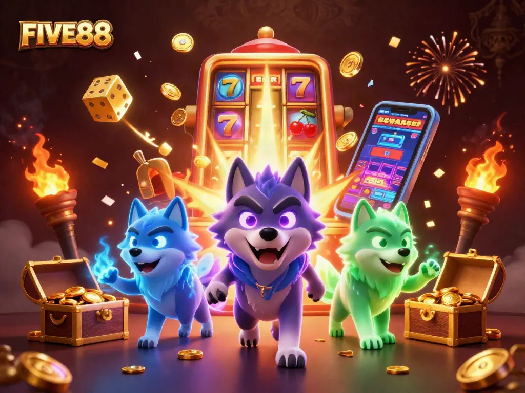 Experience the excitement of FIVE88 casino with vivid slot machine scenes and dynamic gaming action.