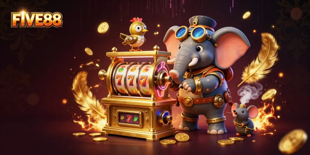 Experience gaming excitement with FIVE88 featuring a steampunk elephant, slot machines, and dynamic casino elements.