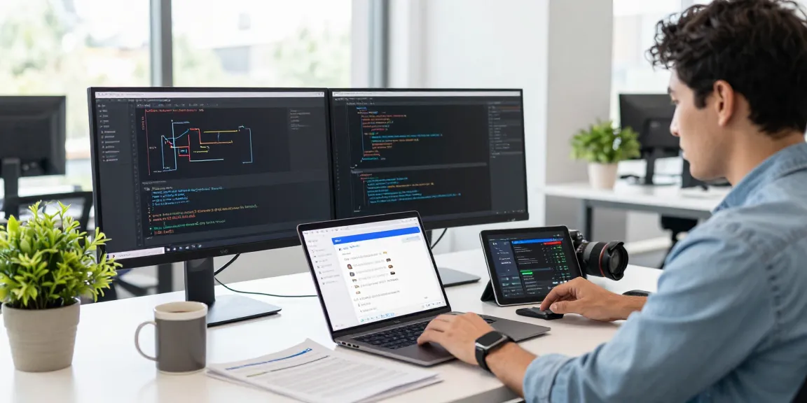 快连 network optimization workspace with developer coding on dual monitors, showcasing app interface and analytics.