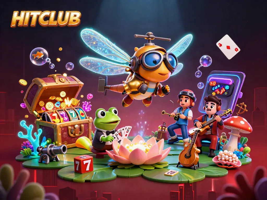 Engage with HITCLUB's lively casino scene featuring a dragonfly pilot, frog dealer, and vibrant slot machines.