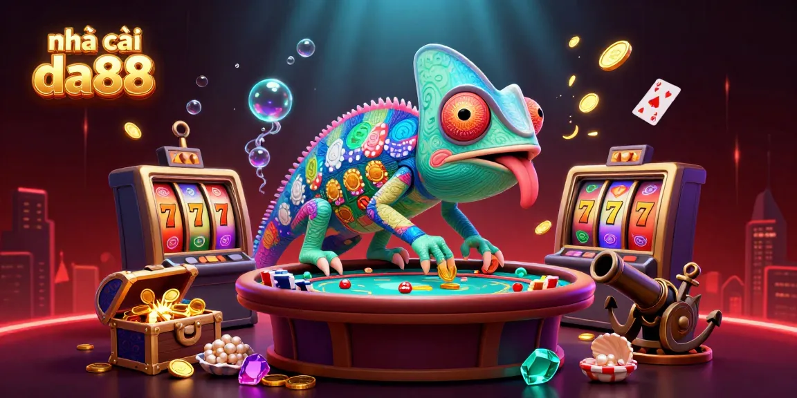 Play your favorite games at nhà cái da88 featuring a colorful cartoon chameleon amidst vibrant casino elements.