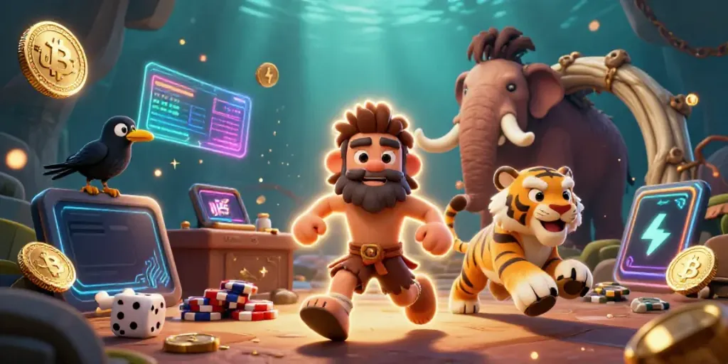 Experience the thrilling world of u88 with a unique prehistoric casino scene featuring crypto-inspired elements.