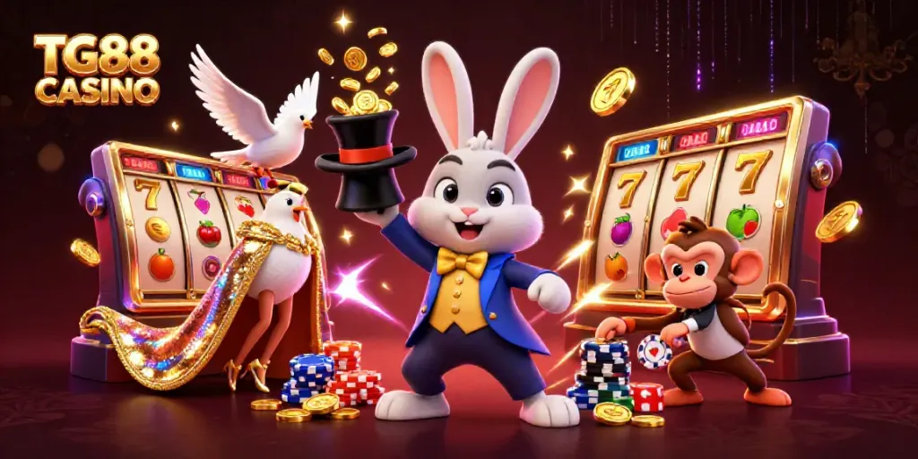 Engage in thrilling moments at TG88 CASINO with magical characters pulling coins and slot reels.