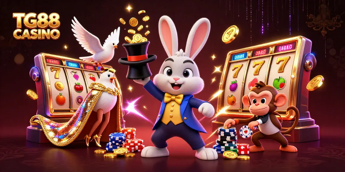 Engage in thrilling moments at TG88 CASINO with magical characters pulling coins and slot reels.