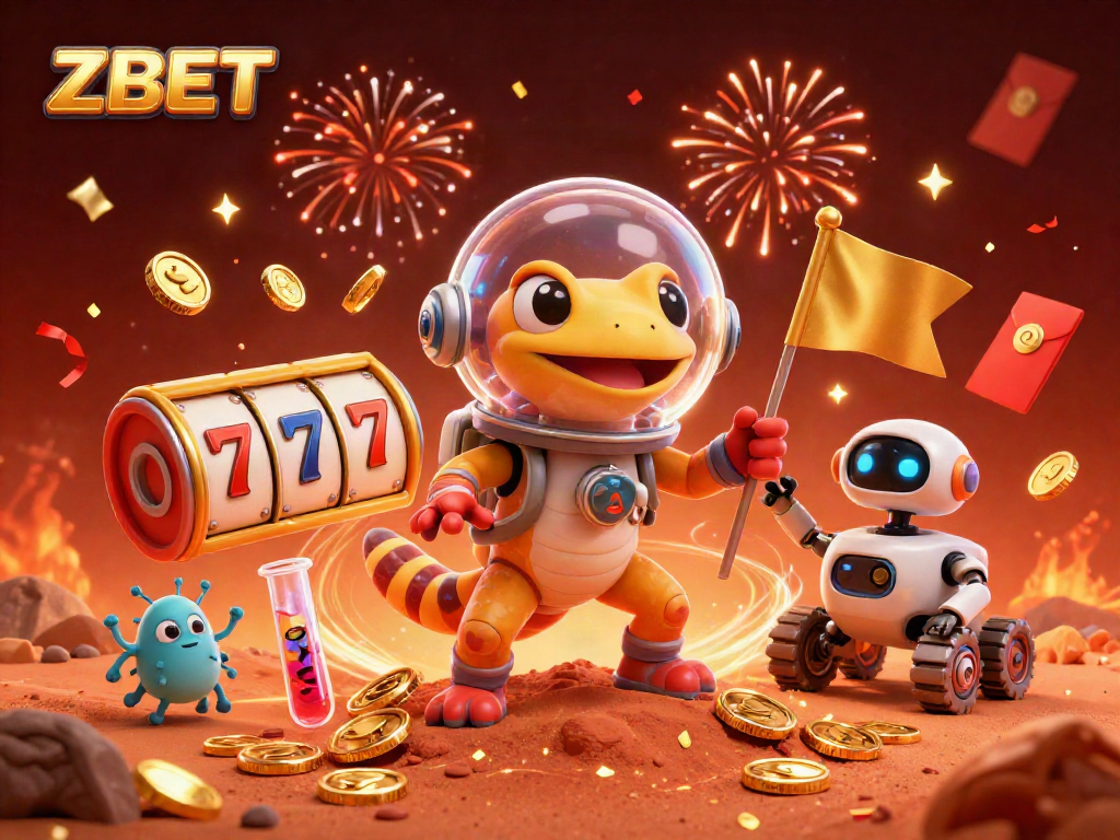 ZBET engages players in a vibrant casino scene with slot reels and golden coins during a cosmic celebration.