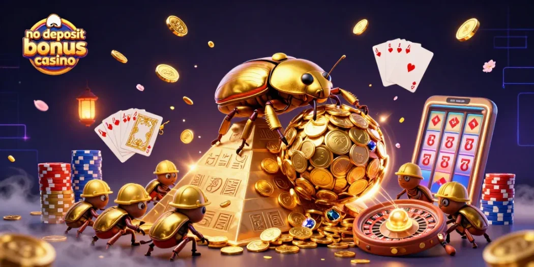 Experience the thrill at no deposit bonus casino with golden beetles and casino symbols.