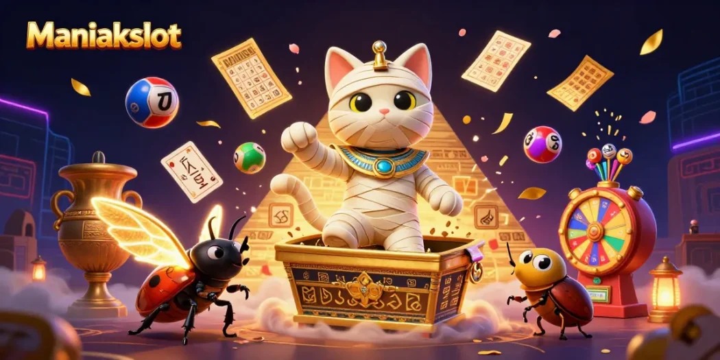 Experience exhilarating wins with Maniakslot's vibrant gaming scene filled with lucky symbols and golden surprises.